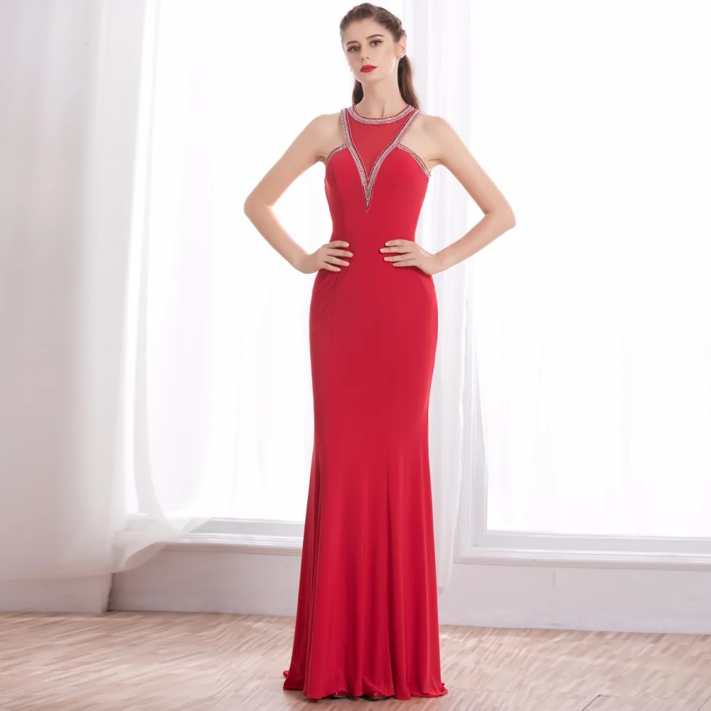 Sexy Red O neck Open Back beading Long Evening Dress 2017 New Arrival Crystal Beading Prom Party Gown vestido de noiva DT17028