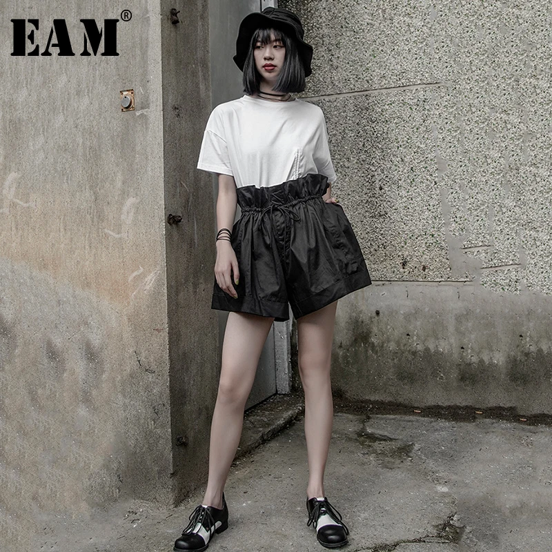 

[EAM] 2019 New Spring Summer High Waist Loose Ruffles Drawstring Loose Wide Leg Shorts Women Trousers Fashion Tide JX111