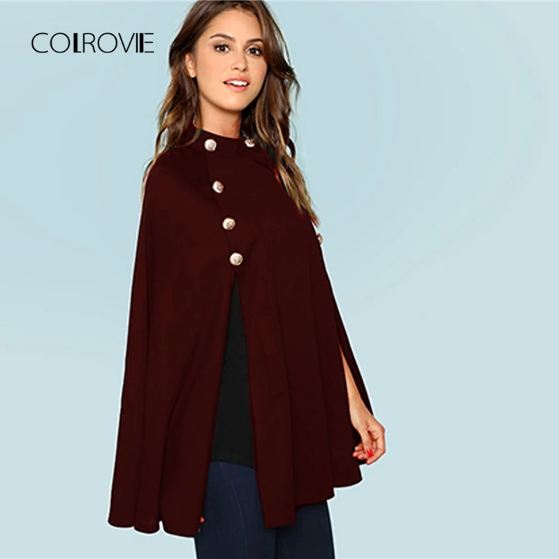 COLROVIE бордовое пальто с двойными пуговицами и воротником-стойкой, элегантное пончо, женские накидки, осень, винтажный плащ, женская верхняя одежда