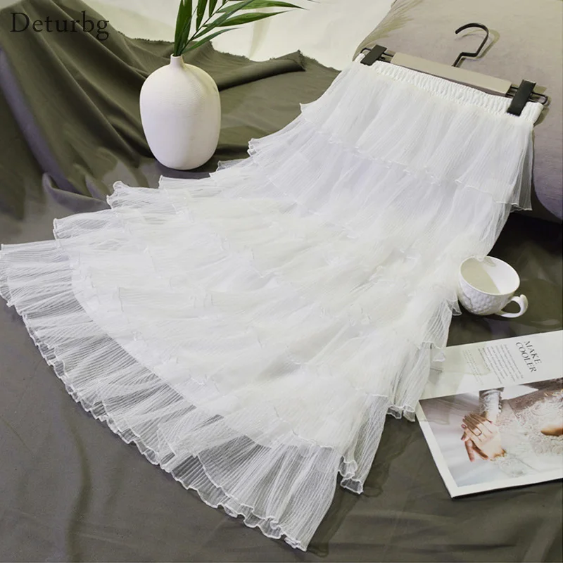 Женские туфли-лодочки с 7 слоев многослойное женская Юбка-миди корейский Повседневное Высокая талия плиссированные газовая Шикарный белый тюль юбки Весна SK282