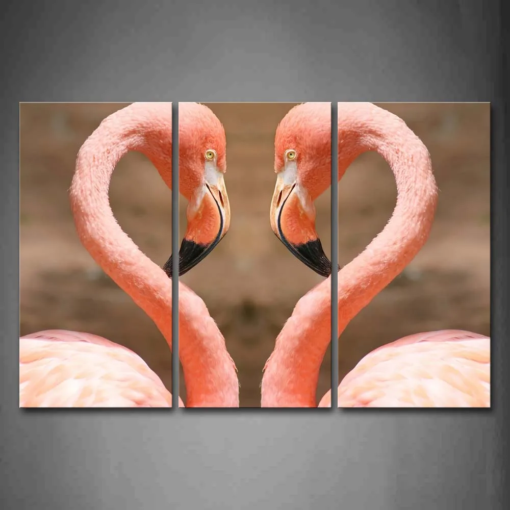 

3 Panels Unframed Wall Art Pictures Flamingos Heart Canvas Print Modern Animal Posters No Frames For Living Room Decor