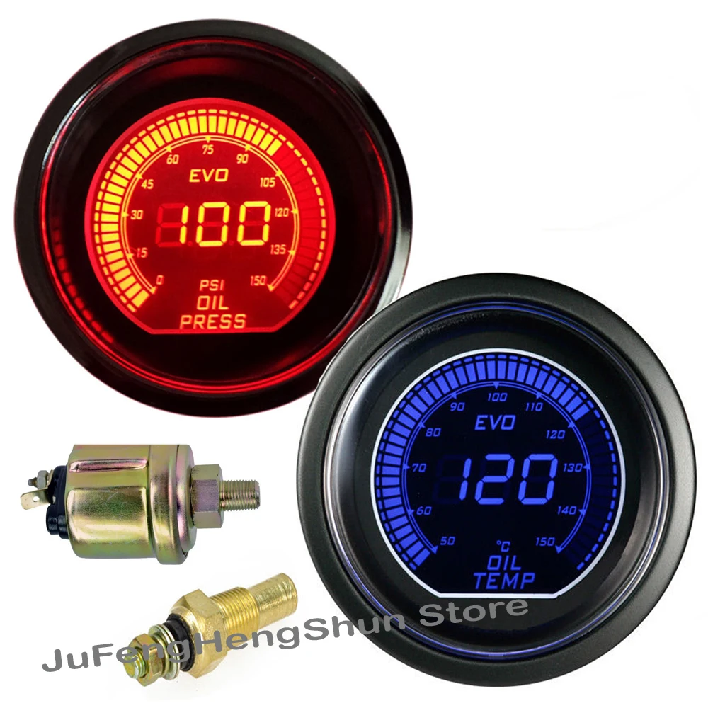 2 quot 52mm oil temp gauge oil press meter blue red led at oil temp and brake light