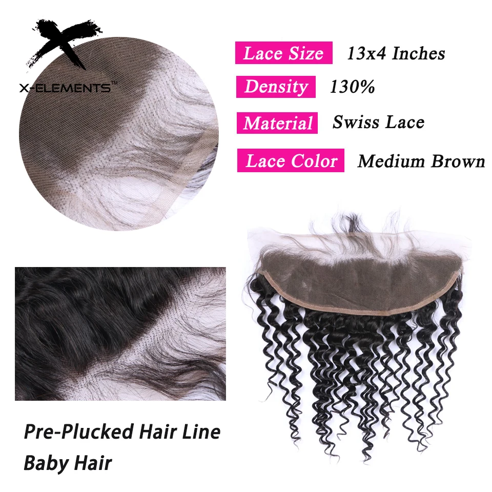 X-Elements Brazilian Deep Wave Frontal 100% Human Hair 13x4 Lace Frontal Deep Wave Non-Remy Natural Color Hand Tied Lace Frontal
