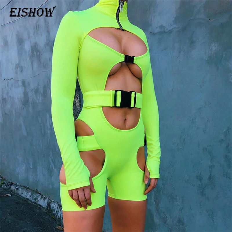 

EISHOW Turtleneck Hollow Out Long Sleeve Women Bodysuit Sexy Zipper Buckle Band Skinny Playsuit Spring Autumn Bandage Jumpsuit