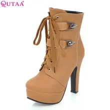 QUTAA/ г. Женская обувь на высоком квадратном каблуке Модные женские ботильоны на шнуровке с круглым носком Универсальные женские ботинки на платформе размеры 34-43