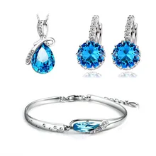 Necklace & Bracelet & Earring Sets de Calidad superior 3 Capas de Platino Plateado con Circón Azul Cristal Mujeres Juegos de Joyería WS44