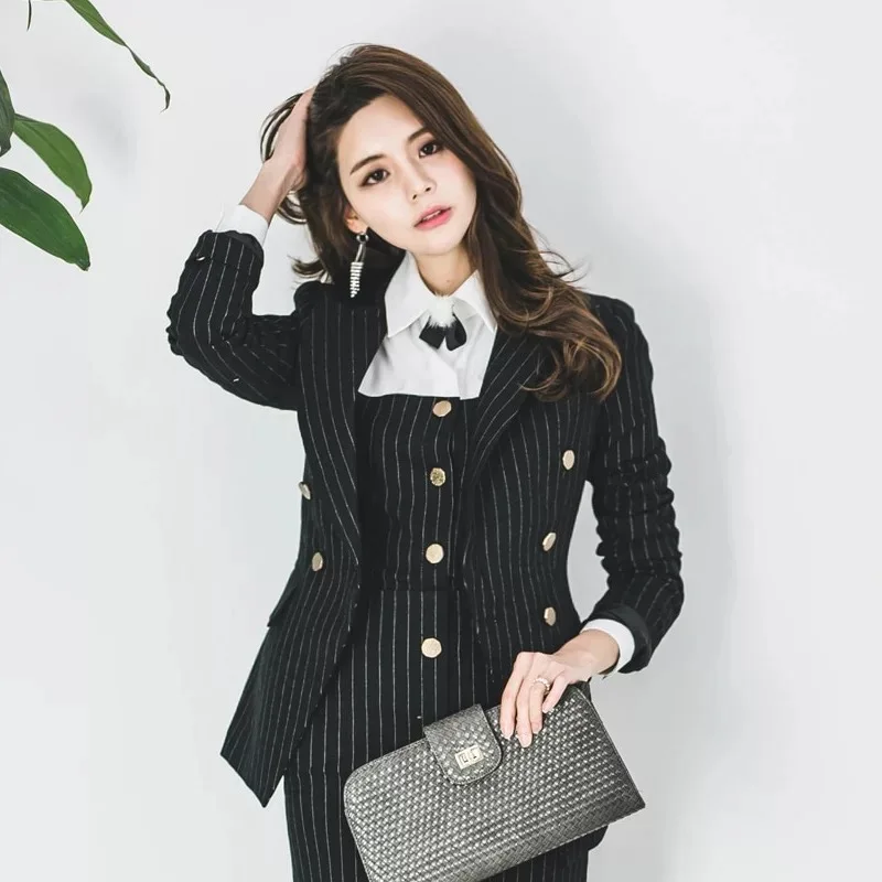 

New fashion autumn women's OL professional temperament double-breasted fashion pinstripe slim comfortable small suit jacket