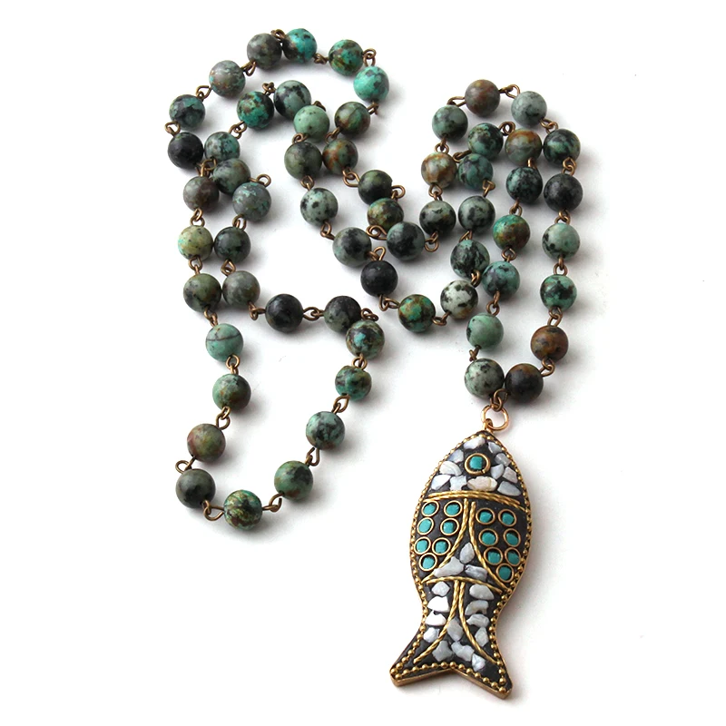 Модное этническое ожерелье с камнем в африканском стиле, богемное этническое ювелирное изделие, подвеска в виде рыбы, повязка на шею для женщин, натуральный камень, бисер, шея