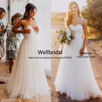 

2017 Summer Beach Wedding Dresses with Appliques Lace Tulle Lace Up Back Vestidos de novia Bridal Dress Backless Wedding Gown