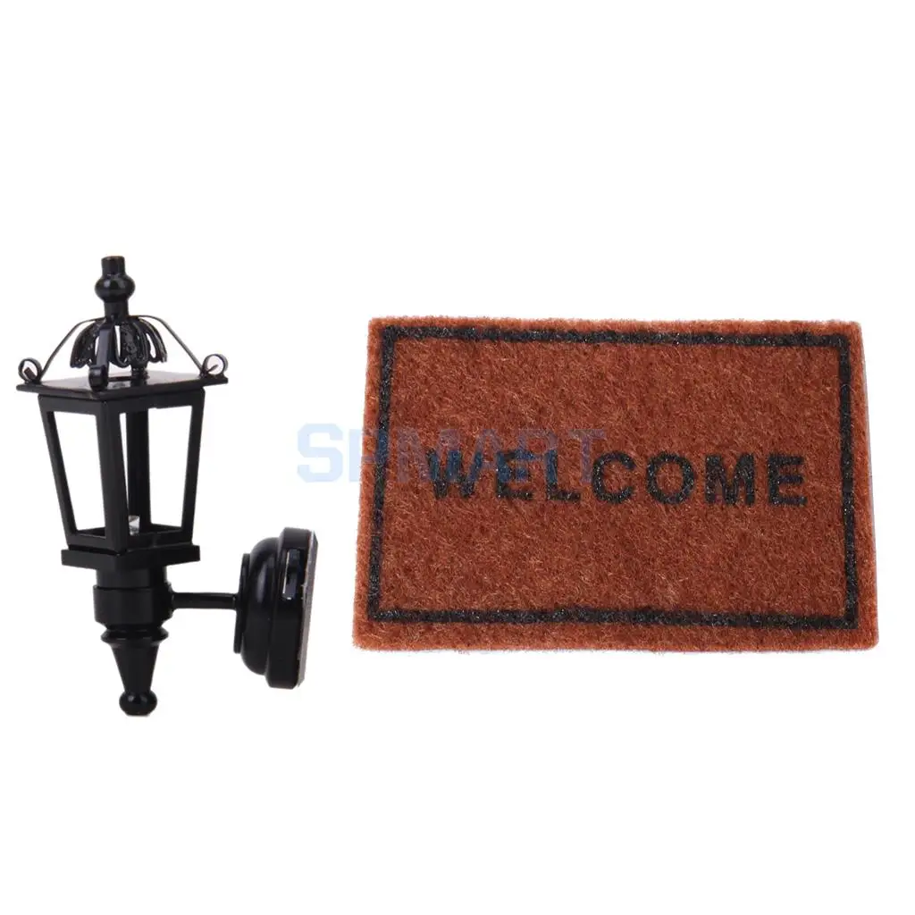 Dolls House Furniture Black LED Wall Lamp & Floor Rug Cover Carpet for 1/12 Dollhouse Miniatures