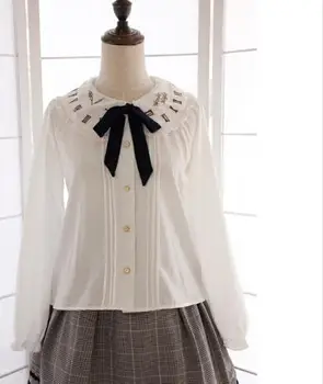 

White Long Sleeve Mori Girl's Embroidered Chiffon Shirt with Bow-knot