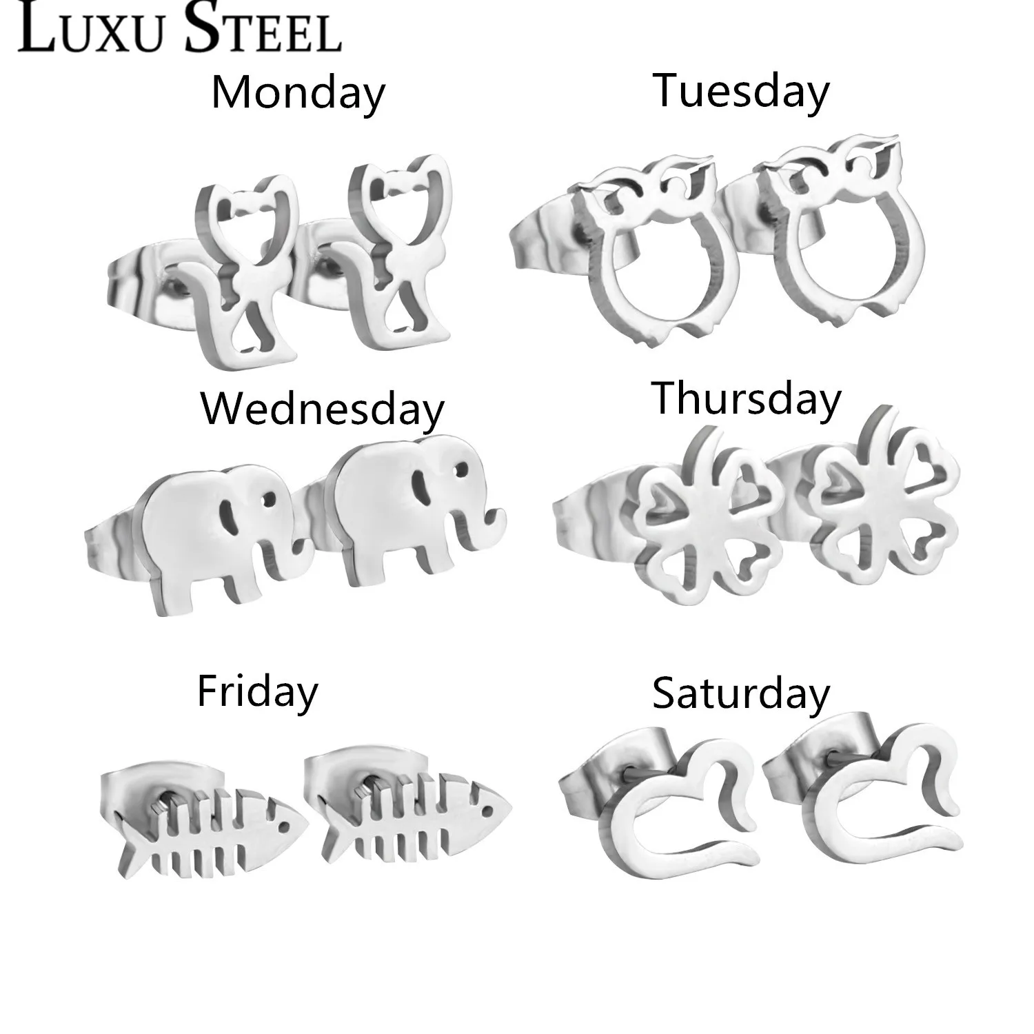 Роскошные серьги 6 пар/кор. с понедельника по субботу, смешанный стиль, наборы, цветок/Слон/рыба/сердце, серьги-гвоздики, женские колье
