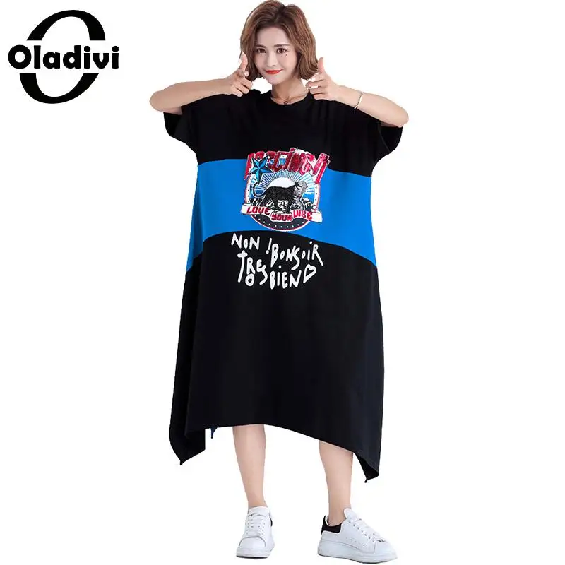 

Oladivi Brand Plus Size Women Summer Clothing Short Sleeve Fashion Print Casual Shirt Dress Ladies Midi Dresses Female Vestidos