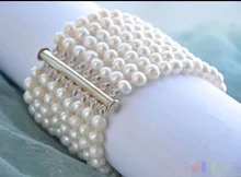 

8row 7-8mm WHITE ROUND FRESHWATER PEARL BRACELET MAGNET 7.5-8" Wedding Girl MEN Quartz jewelry 2pcs Silver hook