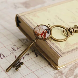 

Bronzed Key Shape Fairy Peter Rabbit Duck Key Chains Cartoon Figures Oval Glass Cabochon Key Rings Special Vintage Jewelry K006