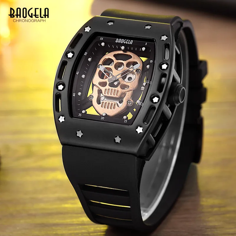  Baogela Fashion Mens Skeleton Skull Luminous Quartz Watches Military Style Black Silicone Rectangle