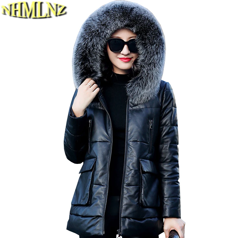 

New Winter Hooded Warm Genuine Leather Down jacket Women Large size Genuine Leather jacket Women Long sleeve Leather TN036