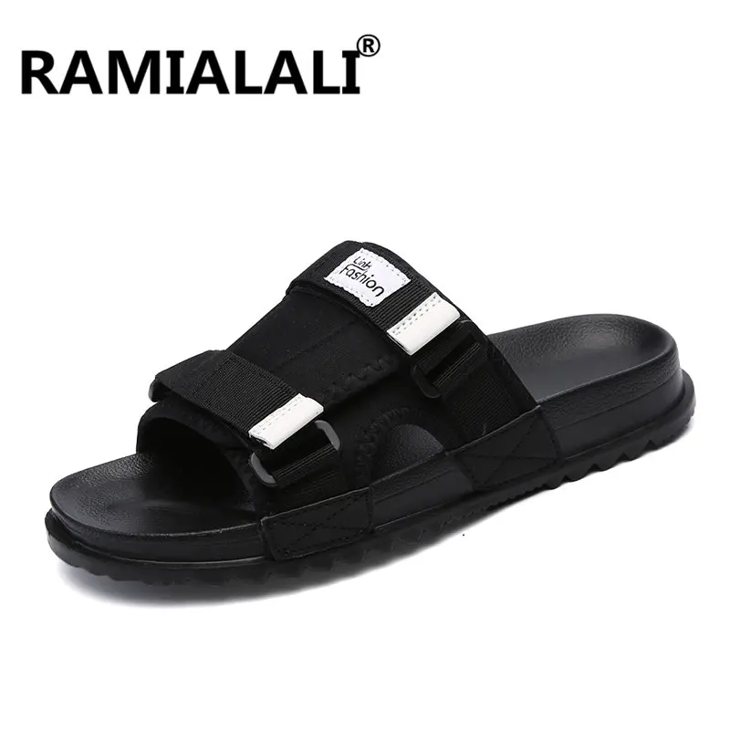 Ramialali/Новые летние мужские сандалии; повседневные пляжные сандалии с вырезами; мужские вьетнамки - Цвет: BLACK WHITE