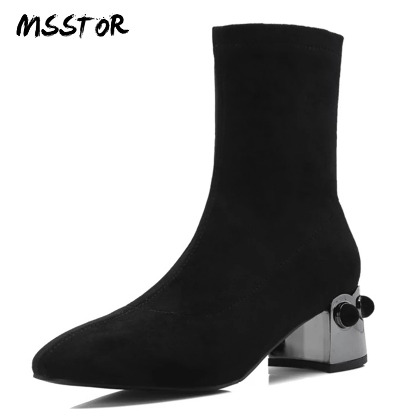 

MSSTOR Rivet Thick Heels High Heels Boots Concise Fashion Flock Slip-On Spring Autumn Ladies Boots Ankle Round Toe Women Pumps
