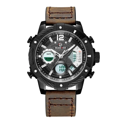 Топ бренд GOLDENHOUR натуральная кожа мужские кварцевые часы спортивные военные часы водонепроницаемые будильник мужские наручные часы Relogio Masculino - Цвет: B B BN
