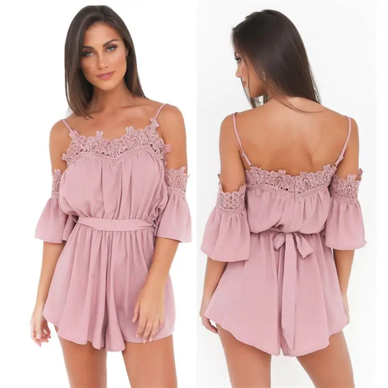

Women Overalls Lace Summer Top Sleeveless Off Shoulder Summer Jumpsuit Beach Pink Tunique Romper Mono Mujer #442