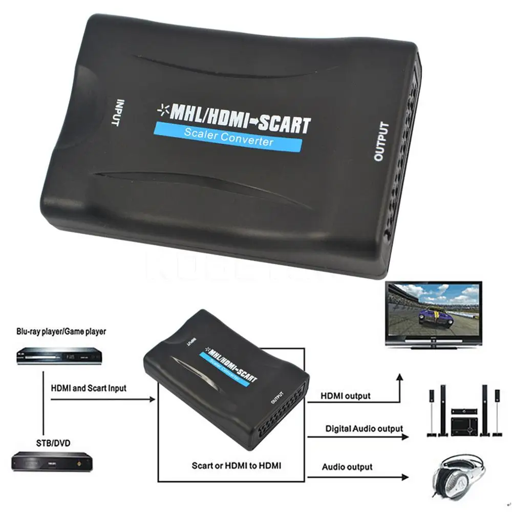 Scart К HDMI(hdmi к scart) конвертер аудио высококлассный видео адаптер для HD tv Sky Box STB для смартфона HD tv DVD с кабелем постоянного тока