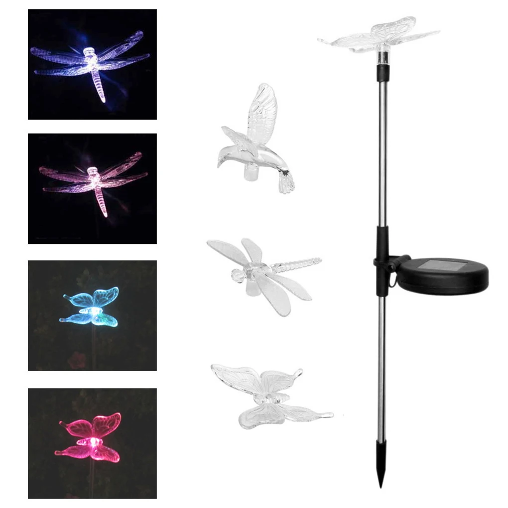 2PCS Solar Garden Lights Changing Bird Dragonfly Solar Powered Pathway Lights Outdoor Landscape Path Lawn Lamp