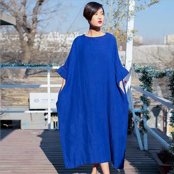 Литературный большой ультра-Свободные длинное платье плюс Размеры Ретро Для женщин Платья для женщин Халаты Демисезонный Летний стиль женское платье - Цвет: Синий