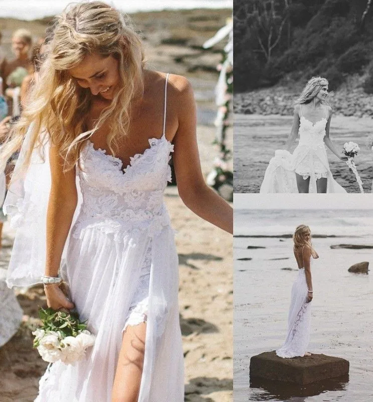 

2015 Sexy Fancy Beach Wedding Dresses Spaghetti Backless White Ivory Lace Bridal Gown