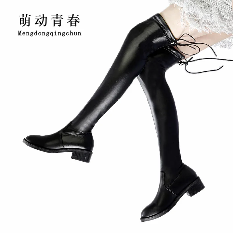 

New Brand Women Boots Lace Up Women Over the Knee High Heels Warm Winter Boots Fashion PU Leather Round Toe Motorcycle Boots