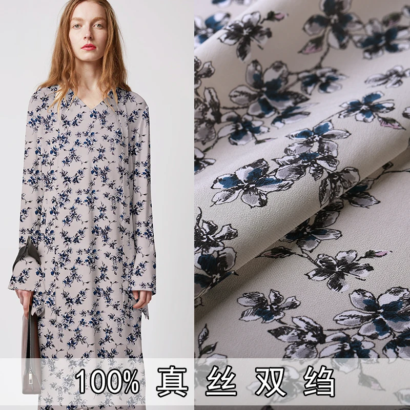 

114cm wide 14mm 100% silk double crepe fabric blue flower printing silk fabric silk clothing shirt shirt silk cloth