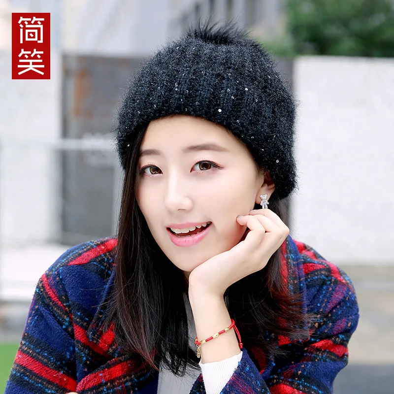 The wool hat female tide Korean winter knitted hat thickened ear muffs head cap lovely hair ball female Winter Hat