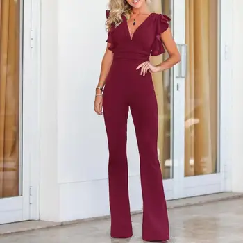 

Summer Autumn Sexy Women Ruffle Bodysuits Ruffles Deep V Neck High Waist Wide Legs Romper Attractive Fashion Jumpsuits Female