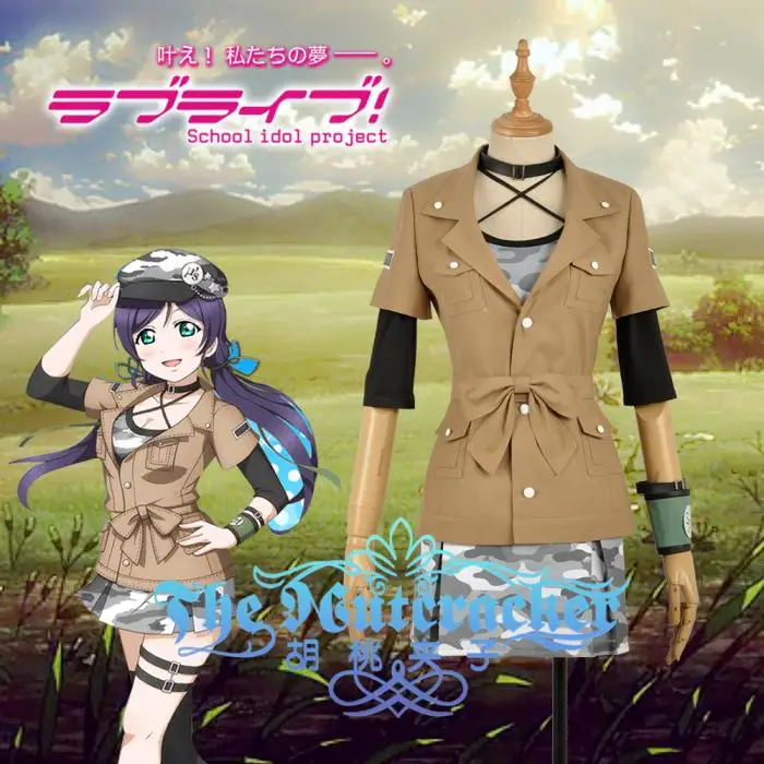 

Amine Love Live! Nozomi Tojo Cosplay Costume Custom Activity Card Army Battle Camouflage Dress Khaki Jacket Clothing