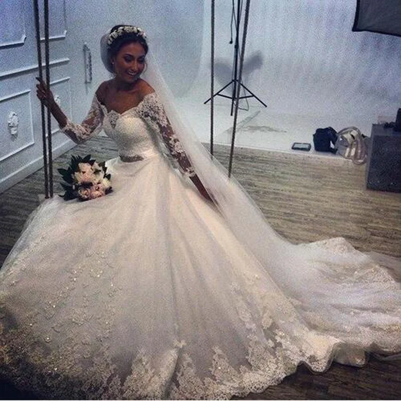 

2018 Custom Off-shoulder Full Sleeves Bridal Gown With Beaded Lace Applique Chapel Train Button Lace mother of the bride dresses