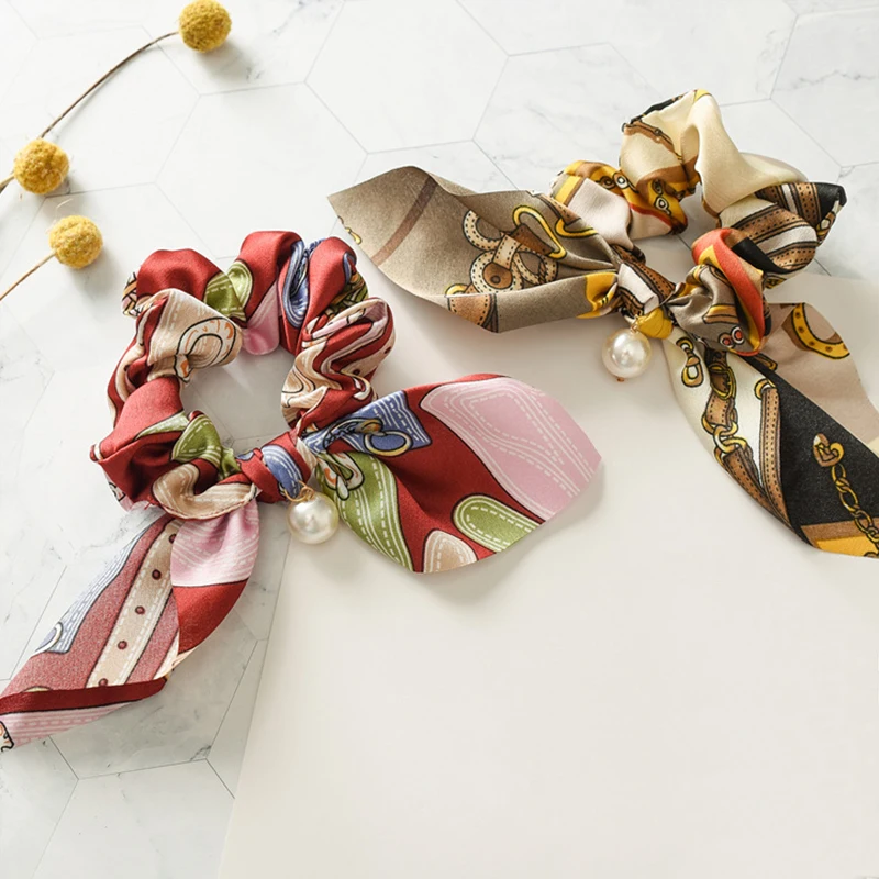 

Hot Bowknot New imitation pearl pendant fabric women hair rope Ponytail Holder female hair accessories