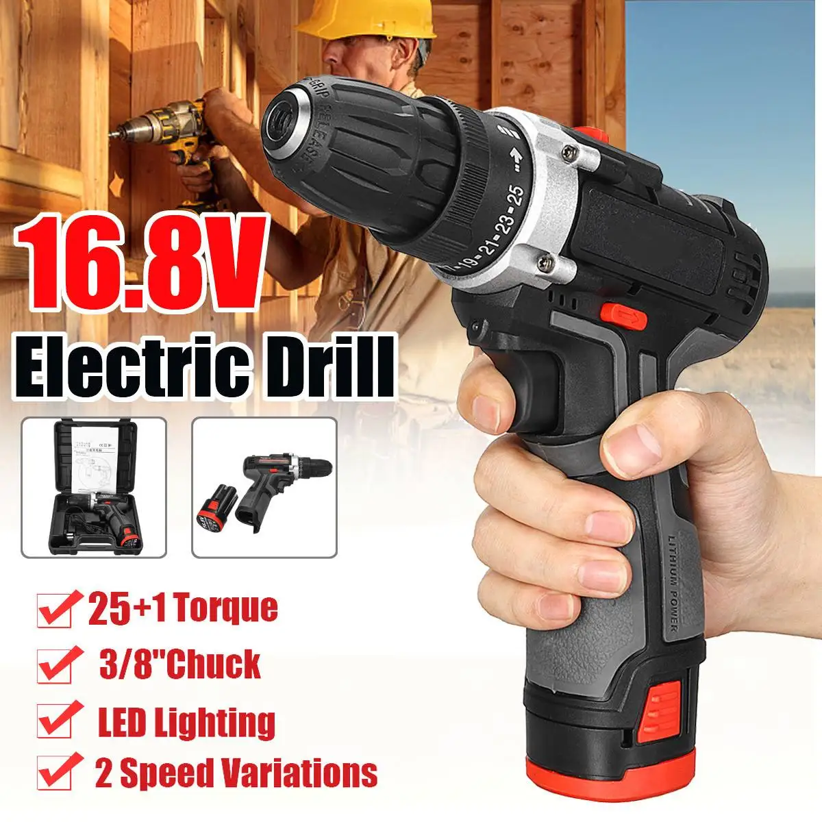 

16.8V Electric Drill Cordless Screwdriver Lithium Battery 25+1 Torque Adjustment 2 Speed Mini Cordless Screwdriver Power Tools