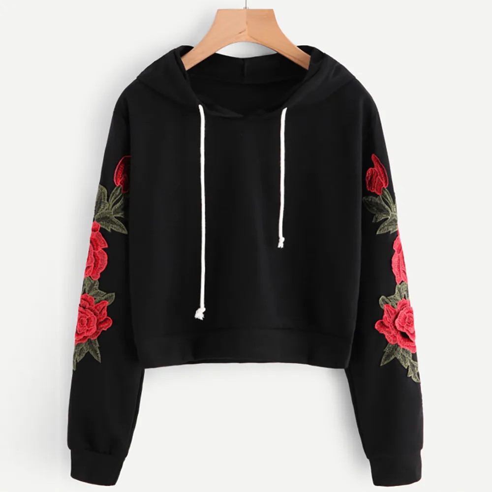 KANCOOLD Топ свитшоты Цветочная аппликация модная Толстовка с длинным рукавом пуловер с капюшоном Высокое качество Толстовка для женщин 2018DEC6 - Цвет: Черный