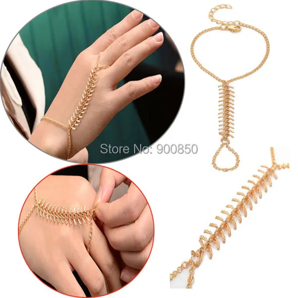 

Women Punk Gold Fishbone Slave Bracelet Chain Lady Gold Chain Fish Bone Bracelet Link Interweave Finger Hand Harness Gift