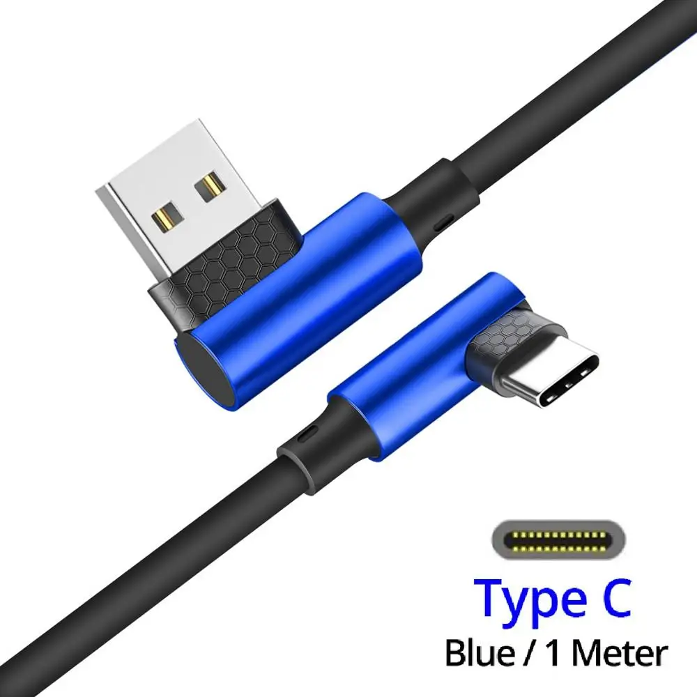 Кабель FONKEN usb type-C, 90 градусов, гнущийся USB C, игровой кабель 2.4A, тип L, изогнутый type-C, шнур для быстрой зарядки и передачи данных, 1 м, кабели для мобильных телефонов - Цвет: Синий