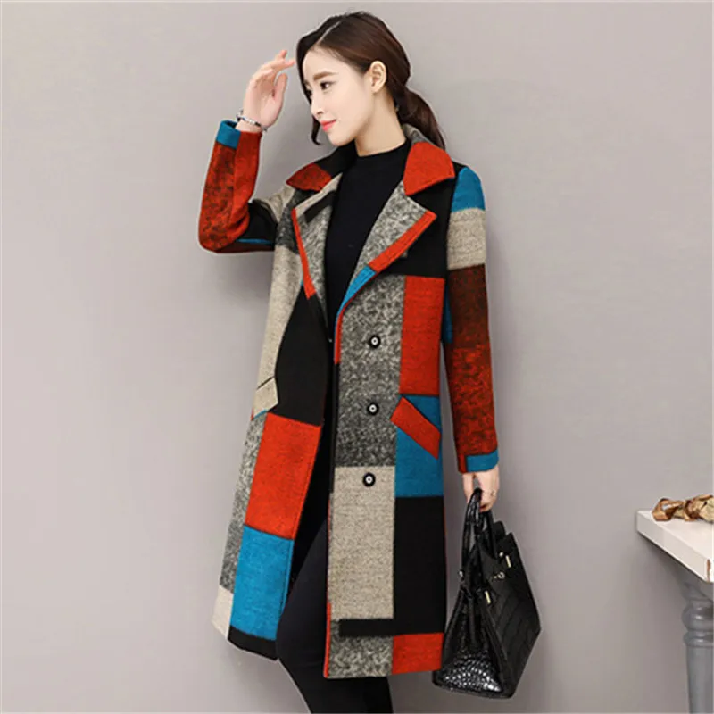Женское пальто зима корейский стиль Модное Элегантное женское лоскутное шерстяное Пальто Повседневное длинное пальто размера плюс