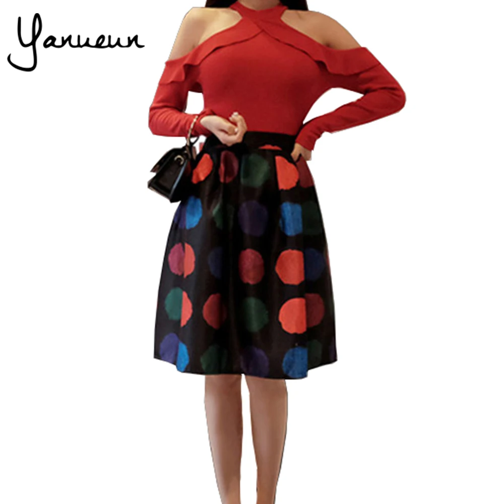 Yanueun Coreano Moda 2017 Mulheres Dot vestido De Baile de Impressão Midi saia & Halterneck Babados Plena Manga T Shirt 2 Peças Terno vestidos