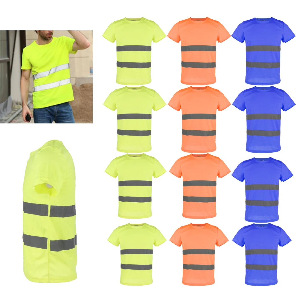 Round Neck Safety Clothing Reflective High Visibility Workwear Short Sleeve Fluorescent for Men with Reflective Tape Quick Dry