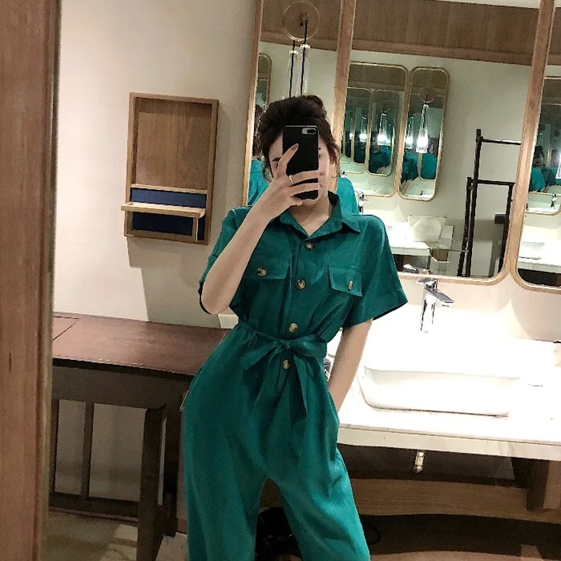 

Women's Clothing Casual Safari Style Solid Sashes Korean Harajuku Button Women Overalls New Summer Short Sleeve Loose Jumpsuit