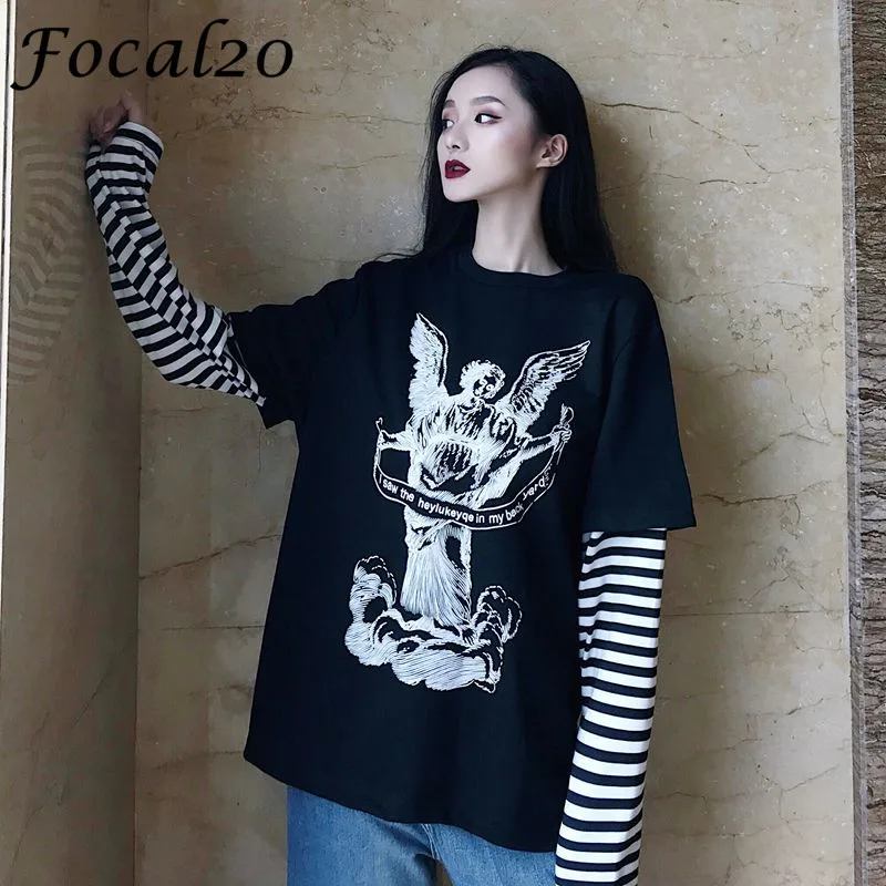 Focal20 الشارع الشهير الملاك أجنحة شريط النساء البلوز البلوز كم طويل السببية البلوز المعتاد فضفاض رياضية