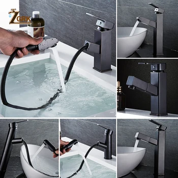 

ZGRK Basin Faucets Pull Out Bathroom Sink Crane Copper Sink WC Mixer Taps Hot and Cold Deck Mounted Bathroom Faucet