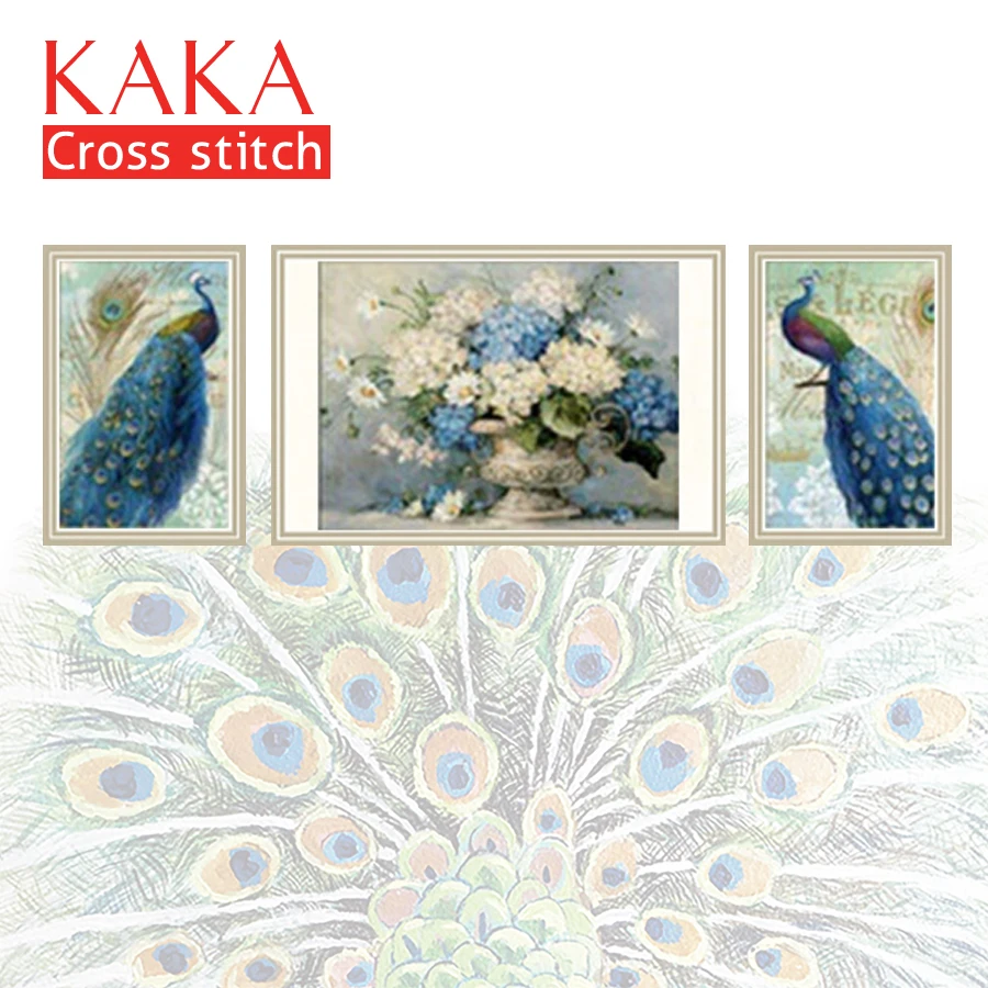

KAKA Cross stitch kits Embroidery needlework sets with printed pattern,11CT canvas,Home Decor for garden House,5D Peacock Flower