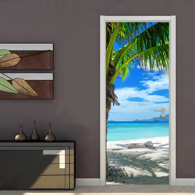 Пользовательские фото обои фрески 3D голубое небо белые облака пляж кокосовые деревья настенная живопись ПВХ самоклеящаяся дверь Настенная Наклейка