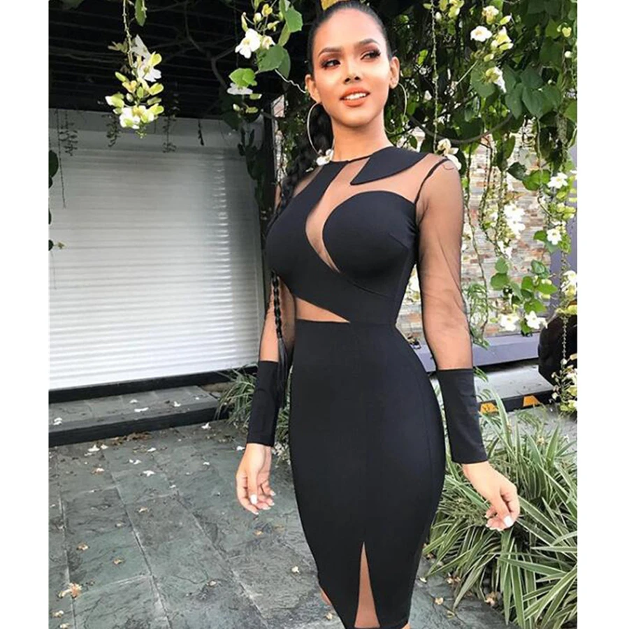 

GuyuEra Best selling Solid Color Stitching Slim Sexy Black Silk Nightclub Dress