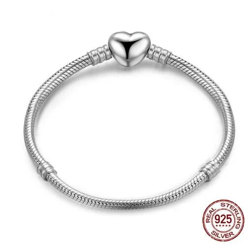 

Authenetic 925 Sterling Silver Heart Clasp Snake Chain Pandora Bracelet Bangle Fit Women Bead Charm Diy Europe Jewelry